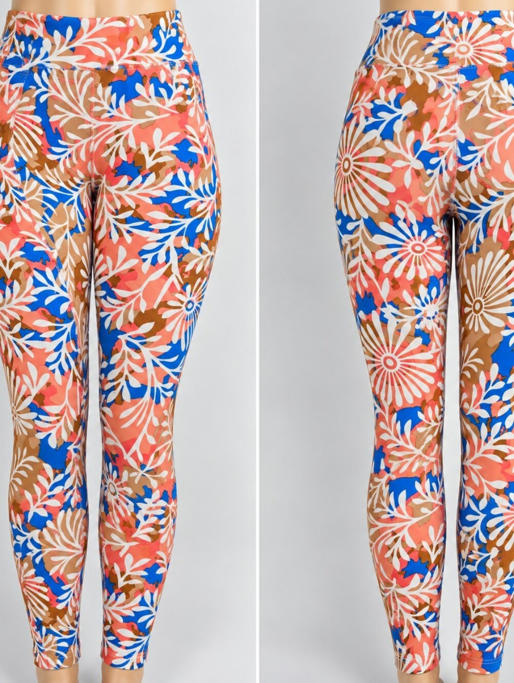 LuLaRoe Tall & Curvy TC Leggings Coral Blue Floral Botanical Print